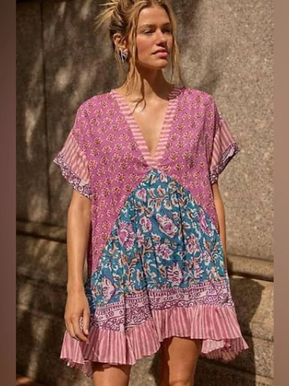 NWT Free People Agnes Pink and Teal Floral Boho Tunic